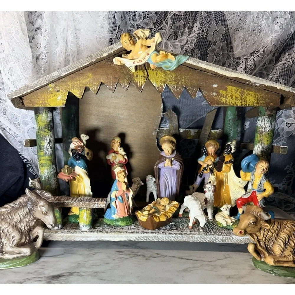 VTG 18PC Nativity Scene W/ Handmade Building, Animals, Baby Jesus & More (P2932)